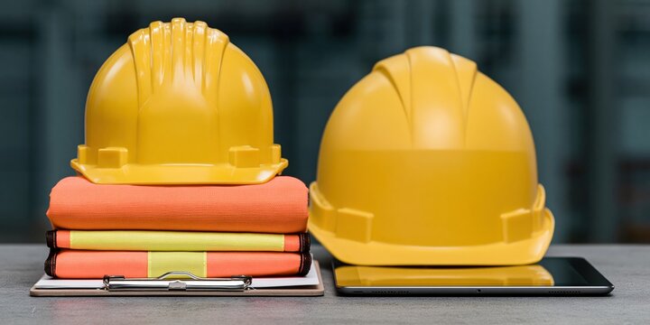 Yellow hard hats resting on a folded high-visibility vest and clipboard over a desk, showing smooth plastic and reflective textures for site inspections