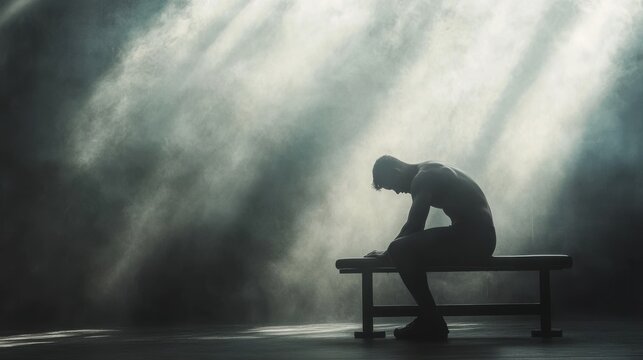 A person sits on a weight bench in a gym, head down as they take a moment to catch their breath after lifting weights. The backlighting emphasizes their muscular form