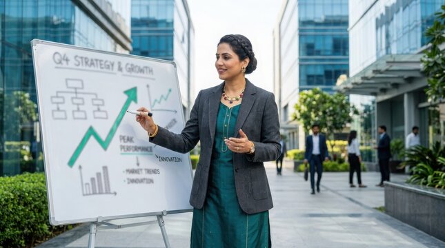 Indian businesswoman giving presentation about q4 strategy and growth using whiteboard in modern corporate office campus.