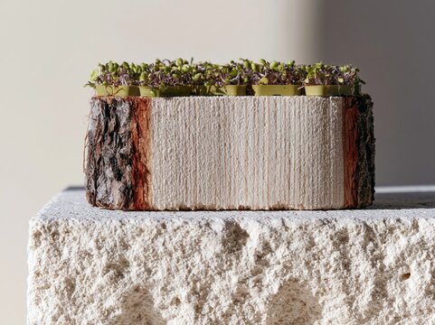 Rough pine wood plank with green seedlings on a weathered stone pedestal, organic textured mockup for botanical and skincare branding