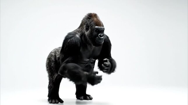 Male gorilla standing in chest beating posture with clenched fists isolated on white background, representing dominant ape, wild strength, endangered species, and studio wildlife photography concept