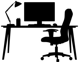 Fototapeta premium Black silhouette of a home office workspace featuring a desk monitor ergonomic chair and lamp on a white background