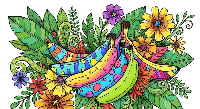 Colorful Artistic Illustration of Bananas and Floral Elements.