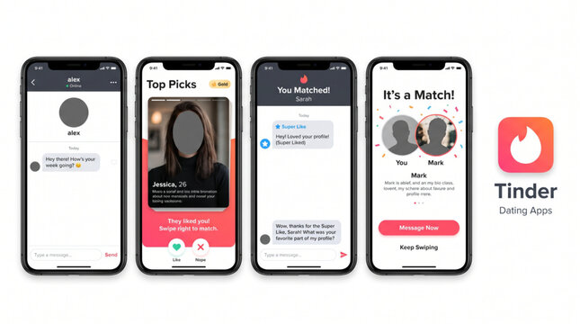 Tinder Dating App UI Mockup on iPhone Screen showing Match Interface, Dating Profile, Chat Messages, and Top Picks Layout. Social Discovery Application Template for Mobile Online Dating Experience.