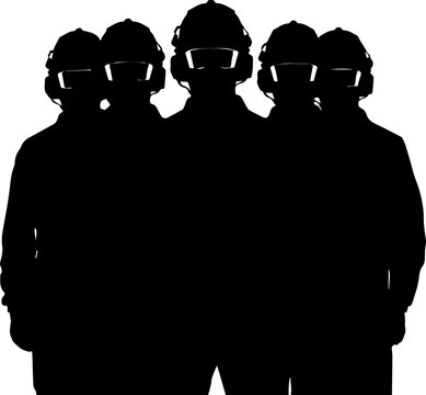 Black Silhouette of Five Tactical Special Forces Soldiers Team in Helmets and Goggles Isolated on White