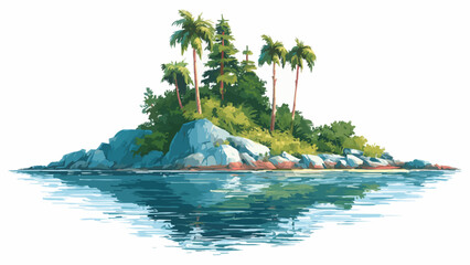 Island featuring lush tropical vegetation and jagged rocks emerges from the calm blue ocean water. © Alif