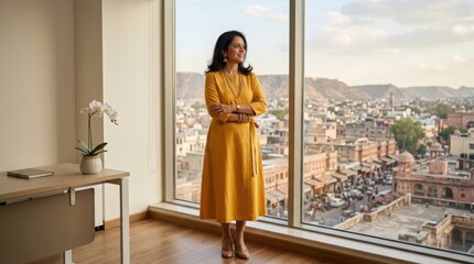 Naklejka premium Graceful woman in traditional yellow ethnic dress standing by large window overlooking historic city skyline at sunset.