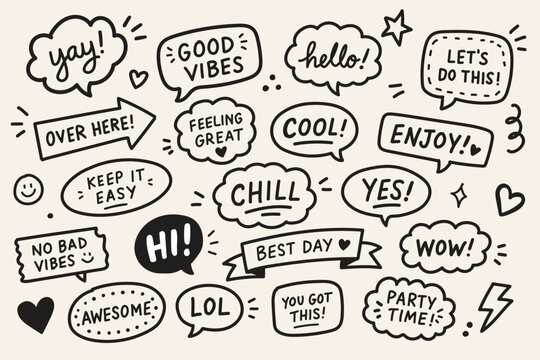 Hand Drawn Speech Bubble Quote Sticker Doodle Icons Set with Positive Messages, Motivational Words, Comic Chat Bubbles, Social Media Captions and Typography Vector Illustration