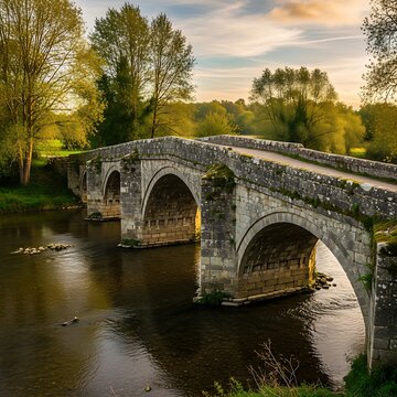 Historic Stone Bridge Over Calm River Surrounded by Nature.