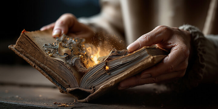 Ancient manuscript revealed by aged hands. Elderly fingers turn fragile pages gleaming with sparks