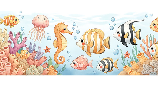 Horizontal border featuring various colorful fish seahorses and jellyfish swimming among coral reefs for ocean themed decorative projects isolated on a transparent background