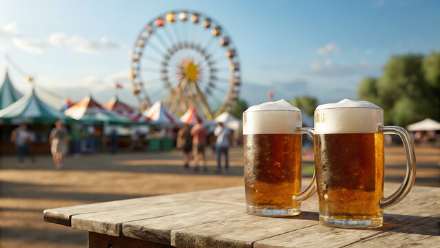 Two mugs of cold beer on a wooden table at an amusement park festival
