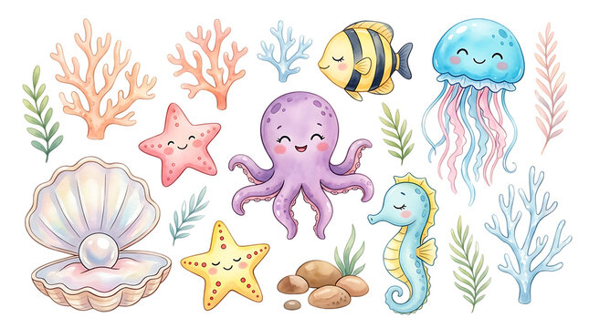 Cute watercolor marine life collection featuring octopus jellyfish seahorse starfish fish coral and seashell with pearl for childrens isolated on a transparent background