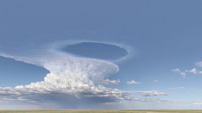 Supercell storm formation with a surreal circular shadow on a white cumulus cloud, a vertical meteorology for science communication