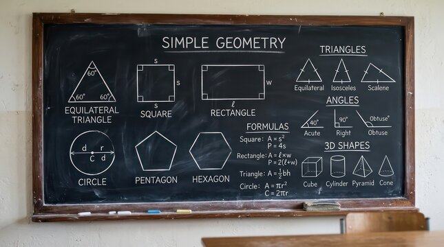 Chalkboard with simple geometry lesson showing shapes, formulas, and 3D forms.