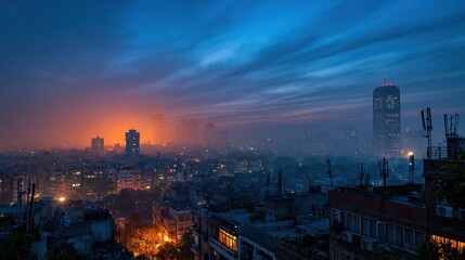 Fototapeta premium Sprawling Indian city skyline shrouded in thick smog during blue hour, showing a murky atmosphere with glowing lights for environmental and urban themes