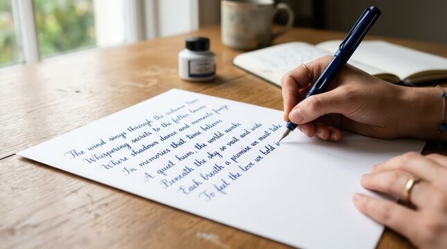Hand writing poetic verses on white paper with fountain pen at wooden desk with ink bottle.