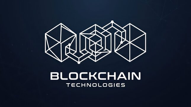 Blockchain technologies logo with three linked cubic structures on dark digital background.