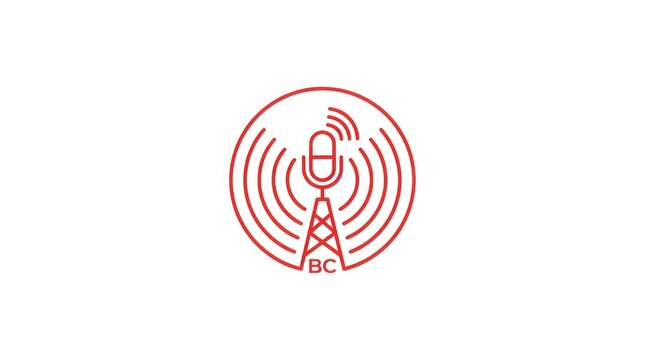 Red outline of microphone on tower with signal waves and initials bc.