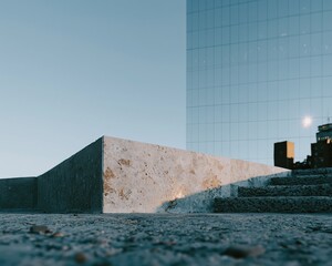 Fototapeta premium Natural stone pedestal and concrete steps in a modern urban setting with glowing light for product display and architectural design