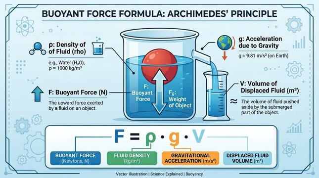 Scientific illustration showing archimedes principle formula for calculating buoyant force.