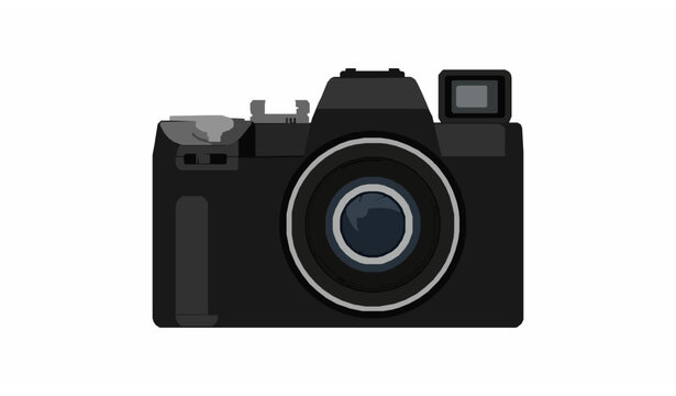 Professional black photographic camera front view isolated on white background clean vector illustration