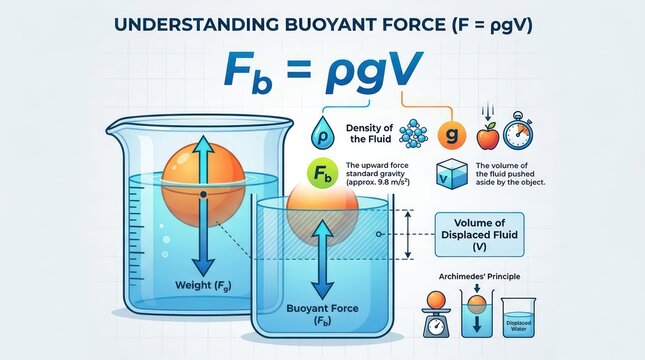Diagram explaining buoyant force formula using archimedes principle with water and beaker.