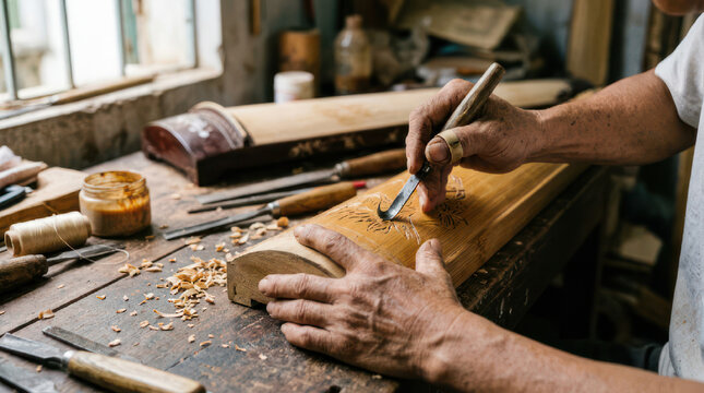 Craftsman carving wood with traditional tools in workshop 1.