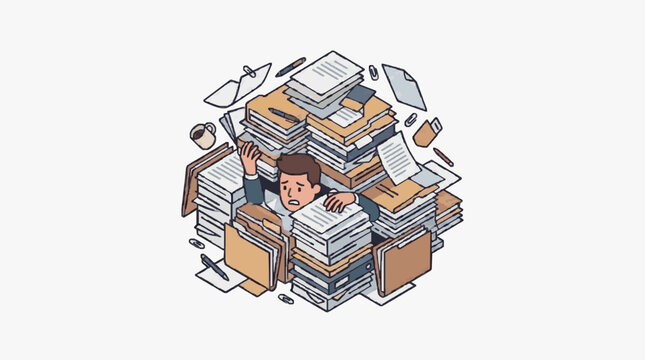 Overwhelmed by paperwork and study materials.