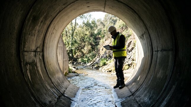 Engineer inspecting drainage system inside a concrete pipe using tablet for infrastructure maintenance and industrial technology abstract concept