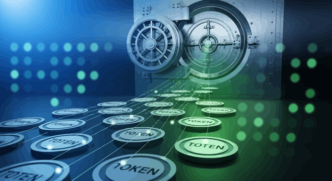 Digital currency tokens flowing into secure vault for data storage