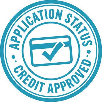 Application status credit approved rubber stamp seal with credit card and check mark icon.