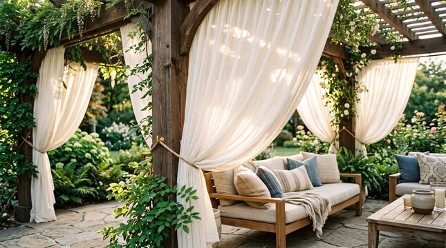 close-up of backyard pergola with flowing curtains and soft sunlight, luxury outdoor design