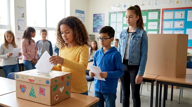 Children participate in a school election casting votes into a decorated ballot box