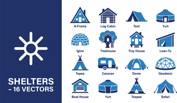 A diverse collection of vector icons showcasing various types of shelters, dwellings, and temporary abodes for living, camping, and unique housing concepts, perfect for design projects