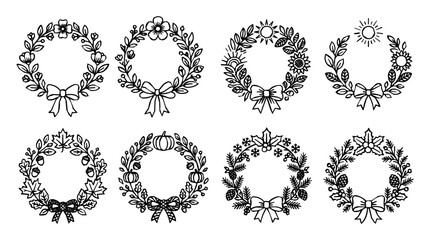 Fototapeta premium Set of floral wreath seasonal frame sketch designs for holiday and botanical nature decoration.