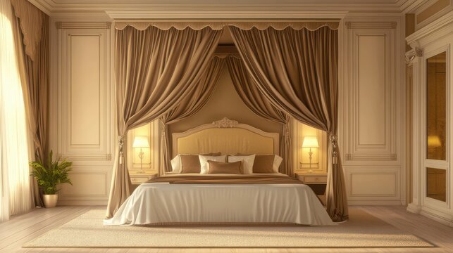 Bedroom displays a luxurious canopy bed draped with elegant beige curtains in a sophisticated classic setting.