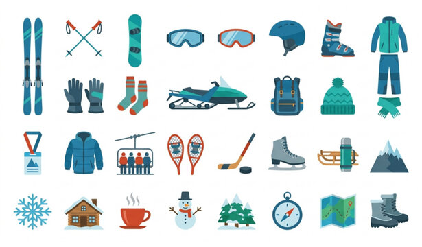 Winter Sports Flat Icons Set with Ski Equipment Snowboard Helmet Goggles and Warm Clothing