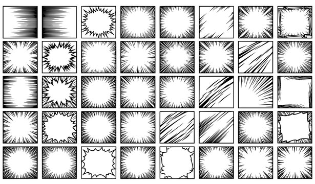 Comic Book Monochrome Square Background Set with Manga Speed Lines and Dynamic Burst Frames