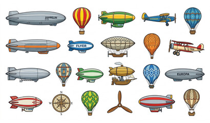 Retro Aviation Vector Illustration Set with Dirigibles Zeppelins and Colorful Hot Air Balloons © MDSAKIB