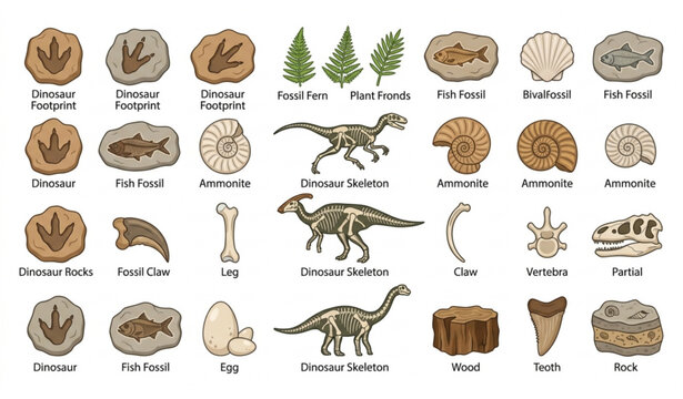 Prehistoric Fossil Stone Vector Collection with Dinosaur Tracks Skeletons Fish and Plant Imprints