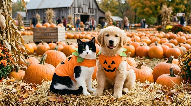 A black and white cat and a golden retriever puppy wearing pumpkin costumes sit together on hay bales at a pumpkin patch