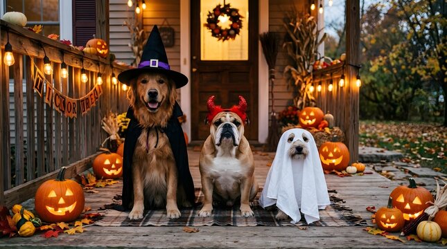Three dogs in halloween costumes sitting on a porch decorated with pumpkins and string lights