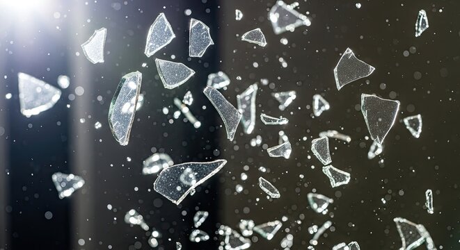 Glass shards scatter in a dark, blurred background. The broken glass creates a dynamic, fragmented effect, with light reflecting off the sharp edges.