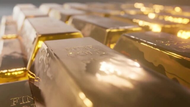 Close-up camera pan over rows of shiny fine gold bars in a secure bank vault