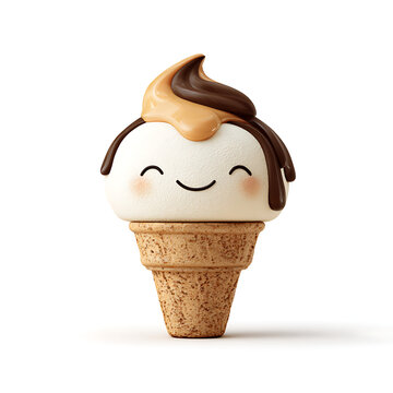 Cute cartoon ice cream cone with a cheerful face and dripping chocolate, isolated on white, perfect for summer dessert promotions and fun snack graphics.