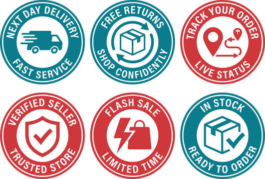 Customer service badges set featuring next day delivery free returns track your order and verified store seal designs.