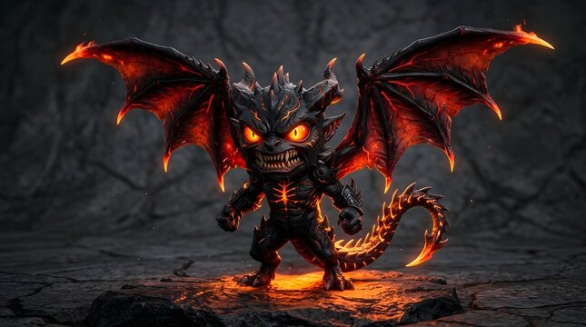 A small, fierce fire dragon creature with glowing wings and embers standing on volcanic rock