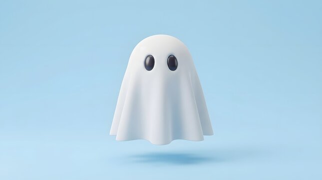 Cute 3d ghost character floating on a solid light blue background