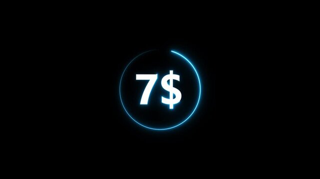 Glowing blue dollar sign seven on black background with neon circle seven dollars currency symbol